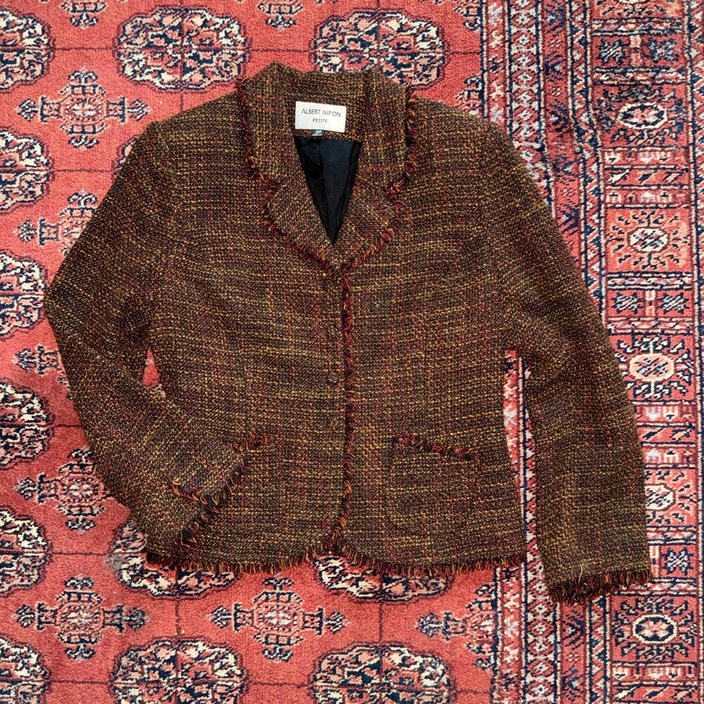 VTG Amazing Fall Look Albert Nipon 10P Brown Tweed Raw Edge 4-Button Blazer